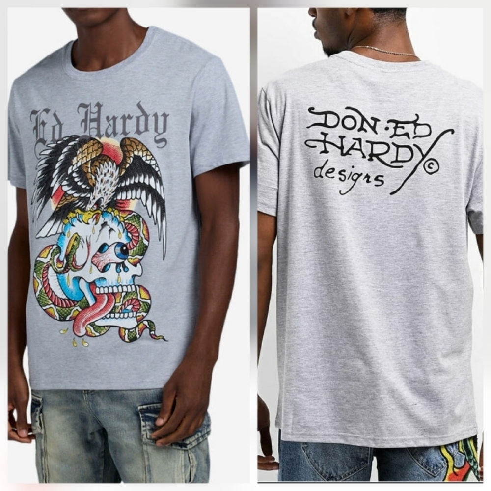 Ed Hardy Rhinestone Battle Skull Eagle Snake Tee in Heather Grey Size S